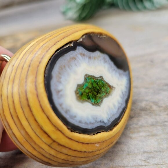 Carved Wood Brass Belt Buckle Inset Sliced Agate Geode Enamel Unisex - Picture 4 of 13